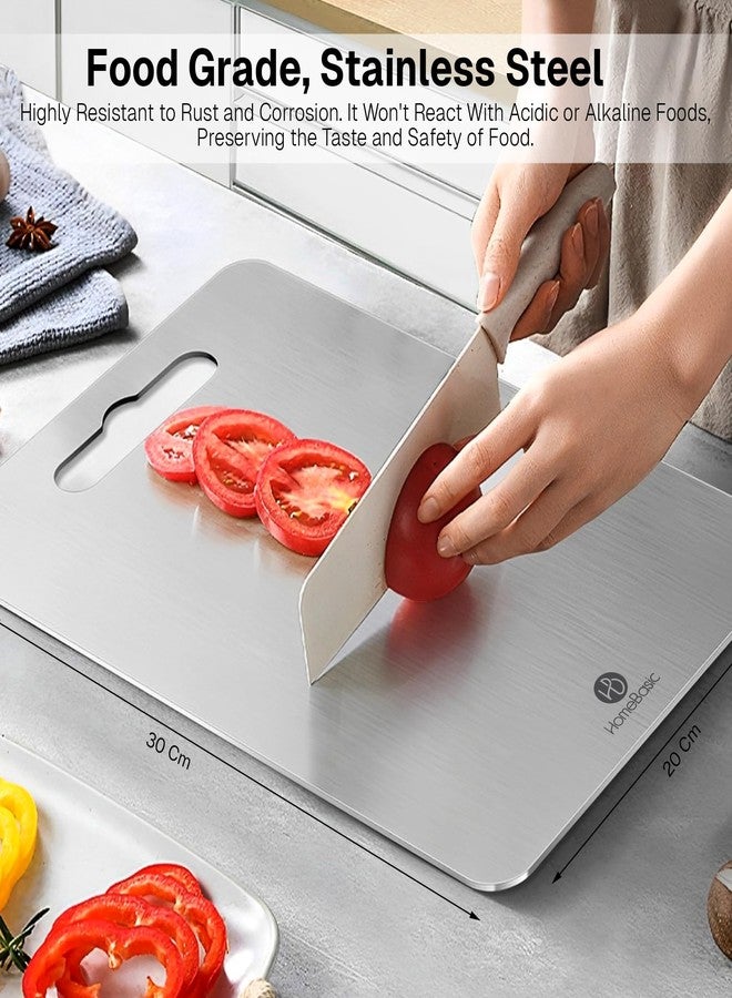 Home Basic HOMEBASIC Stainless Steel Chopping Board for Kitchen (S-30 x 20 x 0.1CM) | Food-Grade Steel Cutting Board for Vegetables/Fruits/Meats/Fish | No Microplastics & No Bacteria Absorption, Non-Porus - Image 2